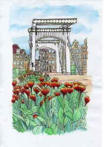 ACRAMS23210 Magere Brug Tulips Amsterdam Acryl Watercolor Painting
