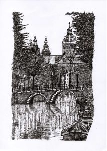 FLDAMS2339 Oudezijds Voorburgwal Amsterdam Fine Line Drawing