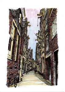 ACRAMS23158 Inner City Amsterdam Acryl Watercolor Painting