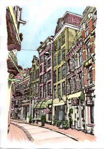 ACRAMS22374 Warmoesstraat Amsterdam Acryl Watercolor Painting