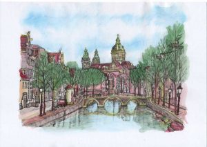 ACRAMS23165 Oudezijds Voorburgwal Amsterdam Acryl Watercolor Painting