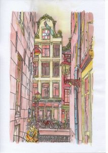 ACRAMS23211 Red Light District Amsterdam Acryl Watercolor Painting