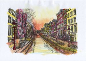 ACRAMS23220 Oudezijds Voorburgwal Amsterdam Acryl Watercolor Painting