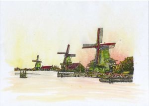 ACRAMS23218 Zaanse Schans Holland Acryl Watercolor Painting
