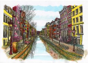 ACRAMS23237 Oudezijds Voorburgwal Amsterdam Acryl Watercolor Painting