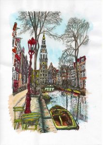 ACRAMS23241 Groengracht Zuiderkerk Amsterdam Acryl Watercolor Painting
