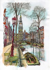 ACRAMS23247 Groengracht Zuiderkerk Amsterdam Acryl Watercolor Painting