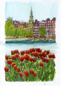 ACRAMS23254 Oosterdok Tulips Amsterdam Acryl Watercolor Painting