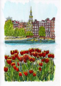 ACRAMS23255 Oosterdok Tulips Amsterdam Acryl Watercolor Painting