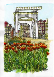 ACRAMS23275 Magere Brug Tulips Amsterdam Acryl Watercolor Painting