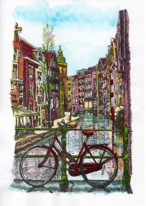 ACRAMS23291 Oudezijds Achterburgwal Amsterdam Acryl Watercolor Painting