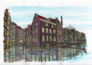 ACRAMS23341 Voor- Achterburgwal Amsterdam Acryl Watercolor Painting