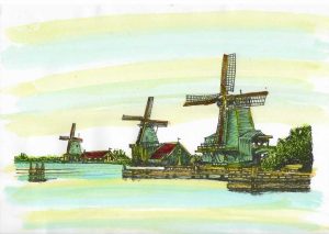 ACRAMS23376 Zaanse Schans Holland Acryl Watercolor Painting