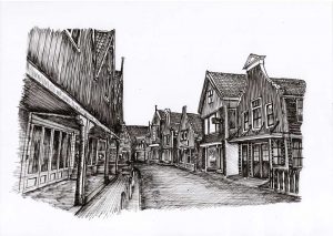 FLDVOL2301 Main Street Volendam Fine Line Drawing