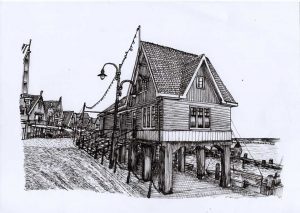 FLDVOL2302 Harbor Street Volendam Fine Line Drawing