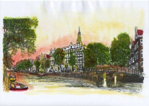 ACRAMS23217 Kloveniersburgwal Amsterdam Acryl Watercolor Painting