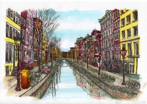 ACRAMS23239 Oudezijds Voorburgwal Amsterdam Acryl Watercolor Painting