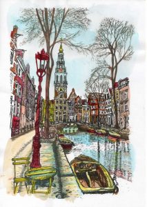 ACRAMS23249 Groengracht Zuiderkerk Amsterdam Acryl Watercolor Painting