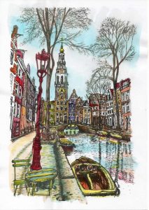 ACRAMS23250 Groengracht Zuiderkerk Amsterdam Acryl Watercolor Painting
