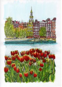ACRAMS23257 Oosterdok Tulips Amsterdam Acryl Watercolor Painting