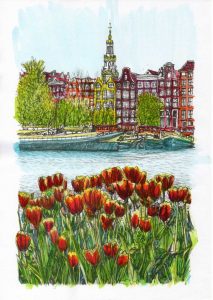 ACRAMS23258 Oosterdok Tulips Amsterdam Acryl Watercolor Painting