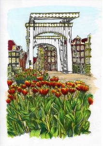 ACRAMS23281 Magere Brug Tulips Amsterdam Acryl Watercolor Painting
