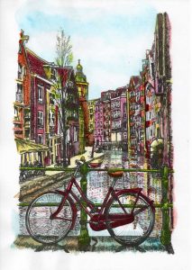 ACRAMS23287 Oudezijds Achterburgwal Amsterdam Acryl Watercolor Painting