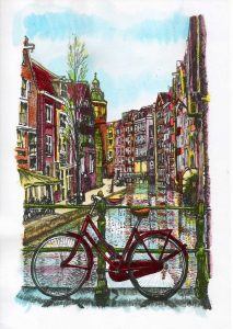 ACRAMS23288 Oudezijds Achterburgwal Amsterdam Acryl Watercolor Painting