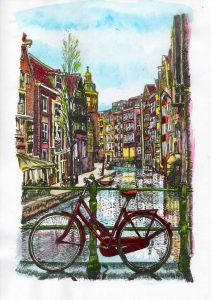 ACRAMS23289 Oudezijds Achterburgwal Amsterdam Acryl Watercolor Painting