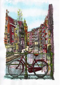 ACRAMS23290 Oudezijds Achterburgwal Amsterdam Acryl Watercolor Painting