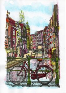 ACRAMS23292 Oudezijds Achterburgwal Amsterdam Acryl Watercolor Painting