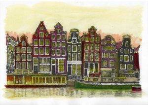 ACRAMS23305 Amstel Houses Amsterdam Acryl Watercolor Painting