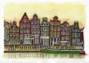 ACRAMS23307 Amstel Houses Amsterdam Acryl Watercolor Painting