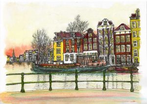 ACRAMS23308 Amstel Munttoren Amsterdam Acryl Watercolor Painting