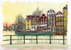 ACRAMS23310 Amstel Munttoren Amsterdam Acryl Watercolor Painting