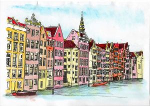 ACRAMS23313 Damrak Amsterdam Acryl Watercolor Painting