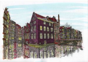 ACRAMS23344 Voor- Achterburgwal Amsterdam Acryl Watercolor Painting