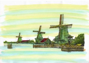 ACRAMS23377 Zaanse Schans Holland Acryl Watercolor Painting