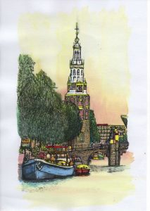 ACRAMS2378 Montebaan Toren Amsterdam Acryl Watercolor Painting