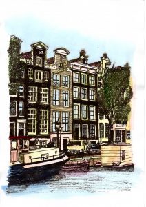 ACRAMS22419 Brouwersgracht Amsterdam Acryl Watercolor Painting