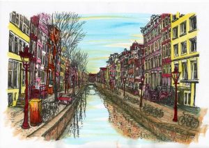ACRAMS23233 Oudezijds Voorburgwal Amsterdam Acryl Watercolor Painting