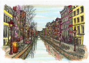 ACRAMS23235 Oudezijds Voorburgwal Amsterdam Acryl Watercolor Painting