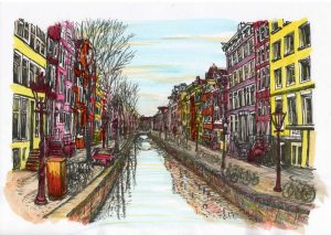 ACRAMS23238 Oudezijds Voorburgwal Amsterdam Acryl Watercolor Painting