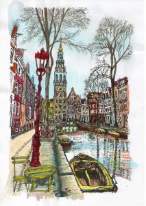 ACRAMS23242 Groengracht Zuiderkerk Amsterdam Acryl Watercolor Painting