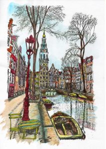 ACRAMS23243 Groengracht Zuiderkerk Amsterdam Acryl Watercolor Painting