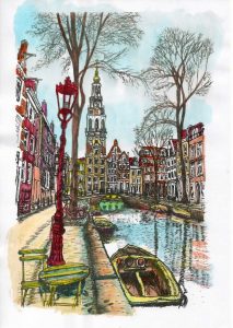 ACRAMS23246 Groengracht Zuiderkerk Amsterdam Acryl Watercolor Painting