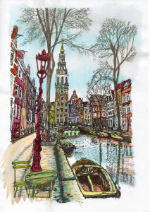 ACRAMS23248 Groengracht Zuiderkerk Amsterdam Acryl Watercolor Painting