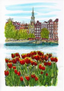 ACRAMS23252 Oosterdok Tulips Amsterdam Acryl Watercolor Painting