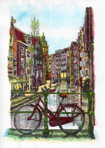 ACRAMS23285 Oudezijds Achterburgwal Amsterdam Acryl Watercolor Painting