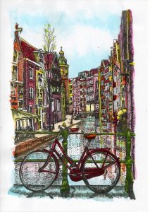 ACRAMS23286 Oudezijds Achterburgwal Amsterdam Acryl Watercolor Painting